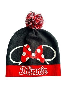 Minnie Black & Red Knit Pom Pom Winter Beanie‎ Cap Girls OS